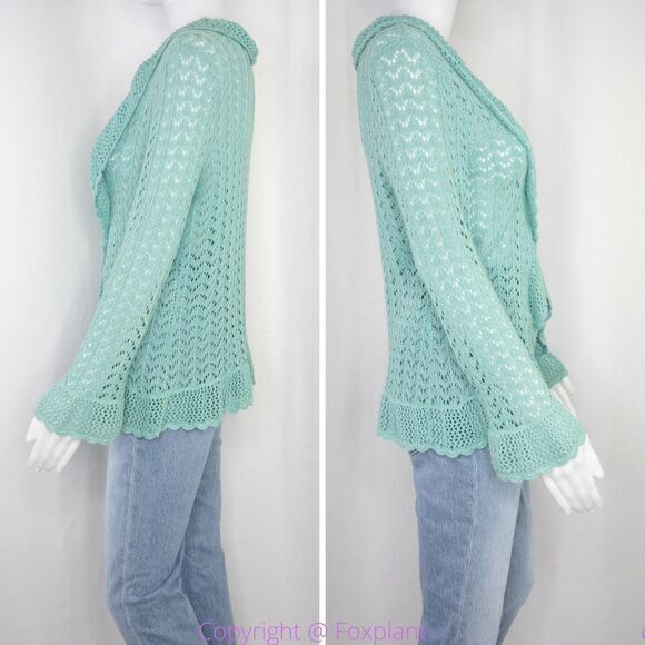 Pointelle green linen cotton blend cardigan sweater, size M - Picture 2 of 16